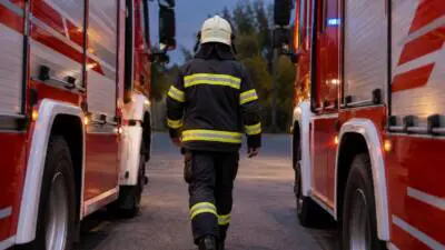 Eine Feuerwehrkraft in dunkler Schutzkleidung geht zwischen roten Einsatzfahrzeugen entlang.