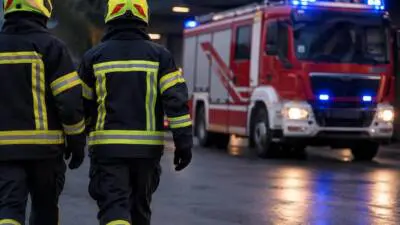 KI-generiertes Bild: Feuerwehrleute in Schutzkleidung vor einem roten Einsatzfahrzeug mit Blaulicht.