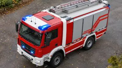 KI-Symbolbild: Ein roter Einsatzwagen mit Dachleitern steht auf einer Straße.