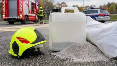 KI-Symbolbild: Ein neongelber Schutzhelm und Bindemittel vor Einsatzfahrzeugen auf einem Parkplatz.