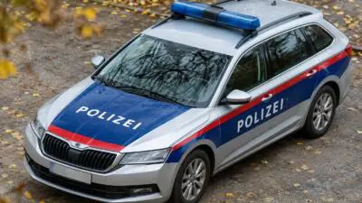 KI-generiertes Bild: Ein silberner Polizeikombi steht auf einem mit Herbstlaub bedeckten Weg.