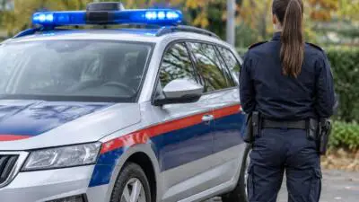 KI-Symbolbild: Eine uniformierte Person steht neben einem blau-weiß-roten Pkw mit Blaulicht.