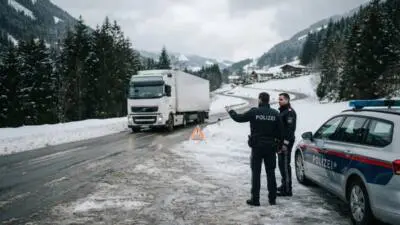 KI-generiertes Bild: Polizeibeamte und ein Polizeiauto an einer winterlichen Straße mit einem Lastwagen.