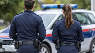 Zwei uniformierte Personen stehen vor einem weißen Fahrzeug mit blauem Signalbalken.