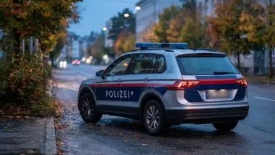 KI-generiertes Bild: Ein weiß-blau-rotes Polizeiauto steht auf einer herbstlichen Straße.