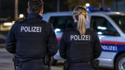 KI-generiertes Bild: Polizeikräfte in dunkler Uniform stehen vor einem Streifenwagen mit eingeschaltetem Blaulicht.