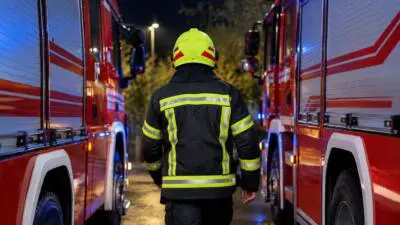 KI-generiertes Bild: Eine Feuerwehrkraft geht zwischen roten Einsatzfahrzeugen auf einer nächtlichen Straße.
