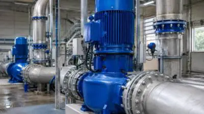 Großes blaues Pumpenaggregat mit silbernen Rohrleitungen in einer Industriehalle