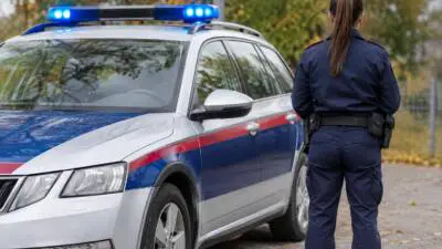 KI-Symbolbild: Eine uniformierte Person steht neben einem silbernen Auto mit blauem Lichtbalken.