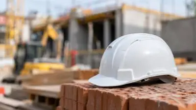 KI-generiertes Bild: Ein weißer Schutzhelm liegt auf roten Ziegelsteinen vor einer Baustelle.