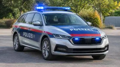 Ein Polizeiauto mit eingeschaltetem Blaulicht steht auf einer Straße.