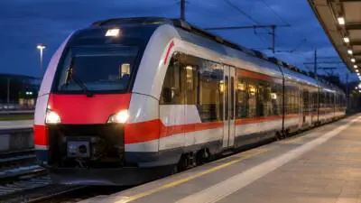 KI-generiertes Bild: Ein weiß-roter Regionalzug steht an einem beleuchteten Bahnsteig.