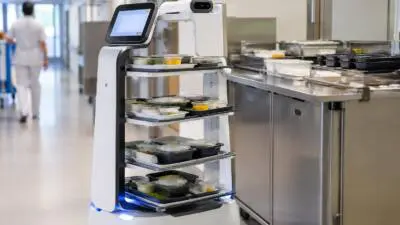 KI-Symbolbild: Ein weißer mobiler Roboter mit Speisetabletts in einer Großküche.