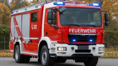 KI-Symbolbild: Ein rotes Feuerwehrfahrzeug mit eingeschaltetem Blaulicht auf einer Straße.