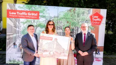 Erwachsene halten eine Straßenvisualisierung vor einer Kulisse mit der Aufschrift „Low Traffic Grätzl“.