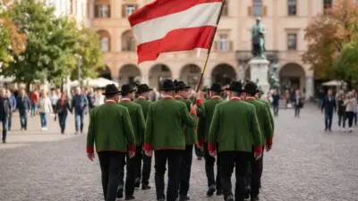 KI-Symbolbild: Männer in grünen Jacken tragen eine österreichische Flagge über einen Platz.