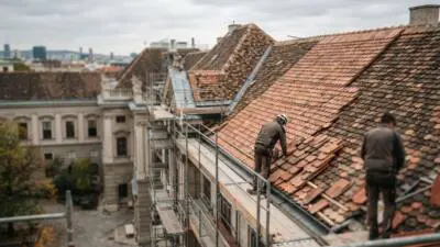 KI-generiertes Bild: Handwerker arbeiten an einem Ziegeldach mit Gerüst.