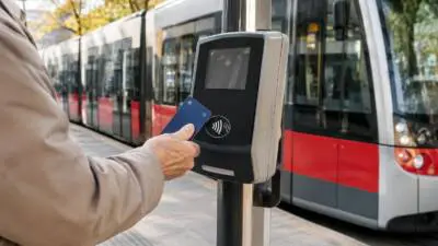 KI-Symbolbild: Eine Hand hält eine blaue Karte an ein Lesegerät vor einer rot-grauen Straßenbahn.