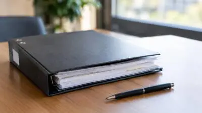 KI-Symbolbild: Ein geöffneter schwarzer Aktenordner mit Unterlagen und Stift auf einem Schreibtisch.