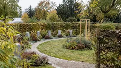 KI-generiertes Bild: Grabsteine und ein geschwungener Weg zwischen Hecken und Herbstlaub.