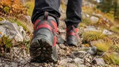 KI-Symbolbild: Rot-schwarze Wanderstiefel auf einem steinigen Pfad zwischen herbstlicher Vegetation.