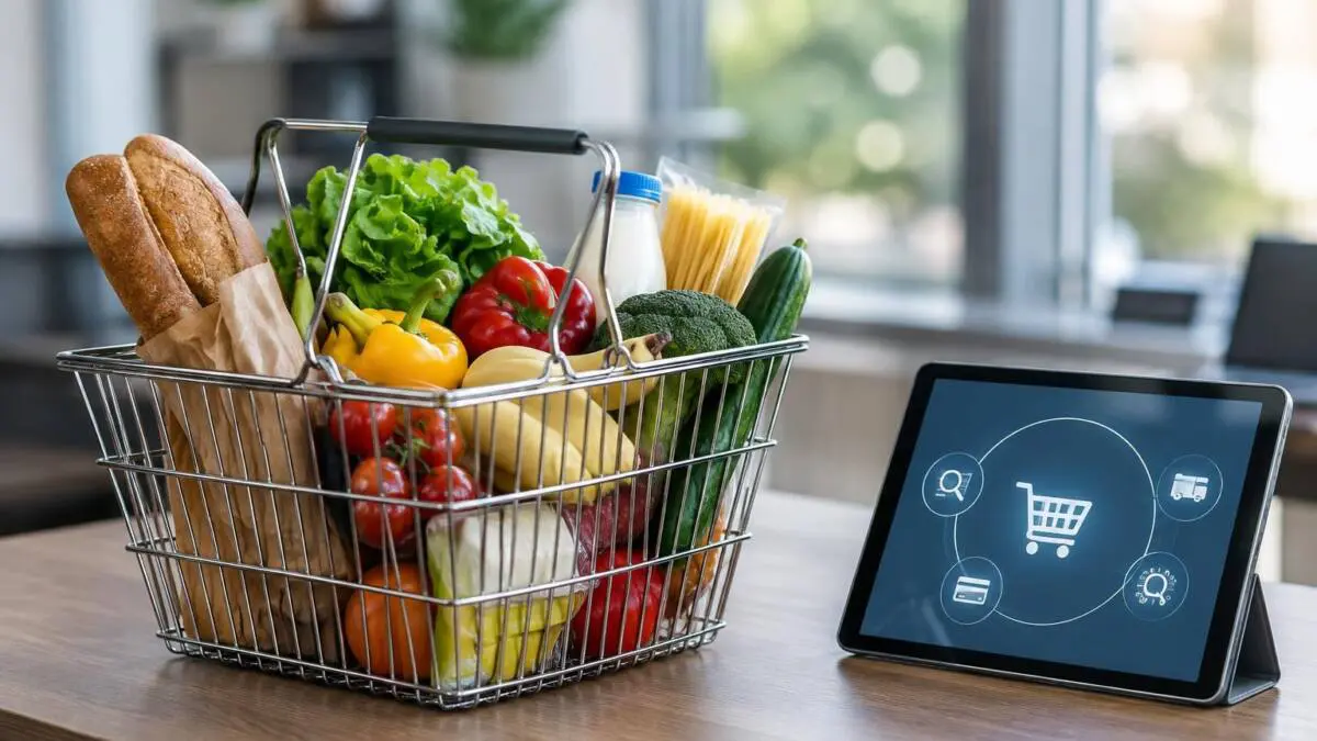 Einkaufskorb mit Lebensmitteln neben Tablet mit Einkaufswagensymbol