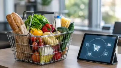 Einkaufskorb mit Lebensmitteln neben Tablet mit Einkaufswagensymbol