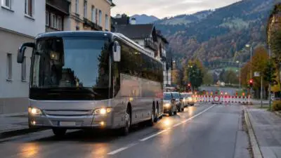KI-Symbolbild: Ein silberner Reisebus steht auf einer Straße vor einer rot-weißen Absperrung.