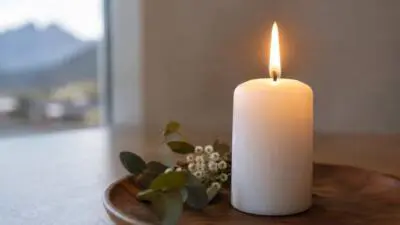 KI-Symbolbild: Eine brennende weiße Kerze steht neben Blumen auf einer Holzschale.