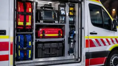 KI-generiertes Bild: Geöffneter Geräteraum eines Rettungswagens mit Taschen und medizinischer Ausrüstung.
