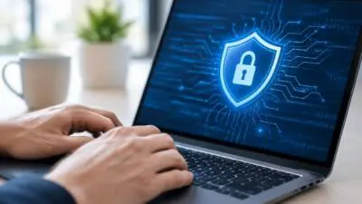KI-generiertes Bild: Hände tippen an einem Laptop mit blauem Schutzschild und Schloss auf dem Bildschirm.