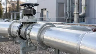 KI-Symbolbild: Glänzende Metallrohre und ein Ventil vor einem technischen Gebäude.