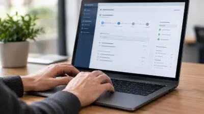 KI-generiertes Bild: Hände an einem Laptop mit digitaler Formularoberfläche auf einem Holztisch.