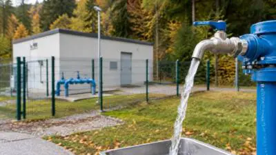 KI-Symbolbild: Ein blauer Wasserhahn lässt Wasser in ein Becken laufen.