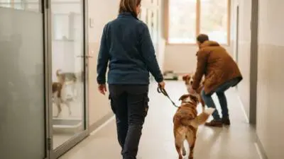KI-Symbolbild: Eine Frau führt einen braunen Hund an der Leine durch einen hellen Innenflur