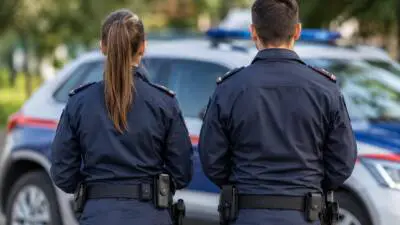 Zwei uniformierte Personen von hinten vor einem blau-weißen Fahrzeug