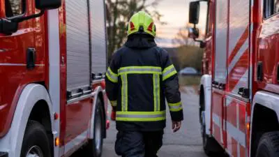 KI-generiertes Bild: Eine Feuerwehrkraft geht zwischen roten Feuerwehrfahrzeugen.