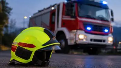 KI-Symbolbild: Ein leuchtgelber Schutzhelm liegt vor einem roten Fahrzeug mit blauem Blinklicht.