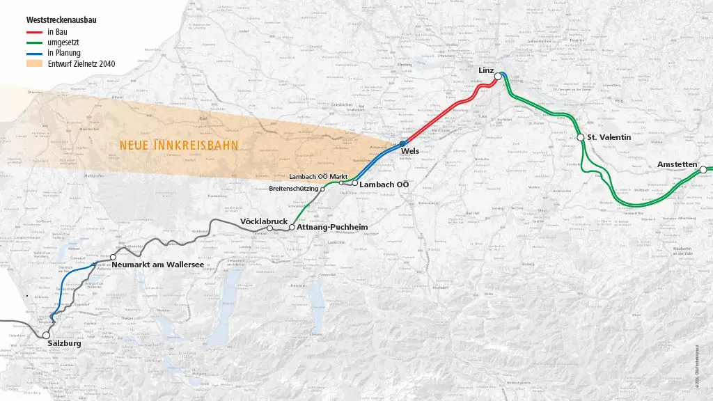 Eine Karte zeigt den Weststreckenausbau und den eingezeichneten Verlauf der Neuen Innkreisbahn.