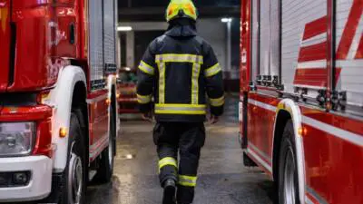 KI-generiertes Bild: Eine Person in dunkler Schutzkleidung geht zwischen roten Einsatzfahrzeugen.