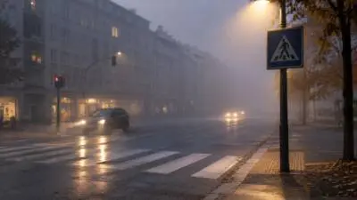 KI-Symbolbild: Ein beleuchtetes Schutzwegzeichen steht neben einem nassen Zebrastreifen im Nebel.