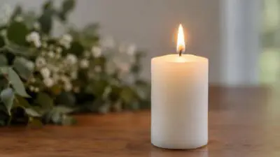 KI-generiertes Bild: Eine brennende weiße Kerze steht auf einem Holztisch, daneben sind unscharfe Blumen und grüne Blätter zu sehen.