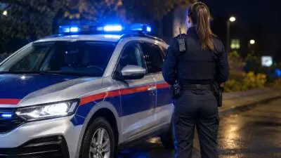 KI-generiertes Bild: Eine uniformierte Person steht neben einem silbernen Auto mit blauem Blaulicht.