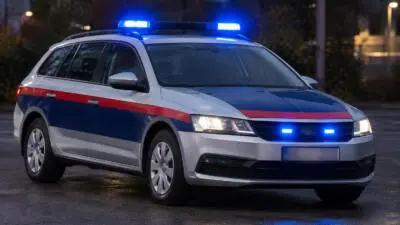 KI-generiertes Bild: Ein silberner Kombi mit leuchtendem Blaulicht auf einer Straße.