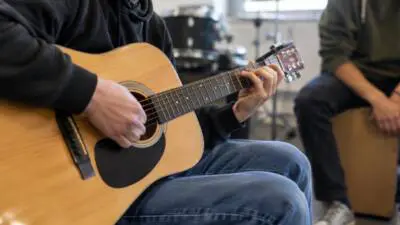 KI-generiertes Bild: Eine Person spielt in einem Innenraum eine Akustikgitarre.
