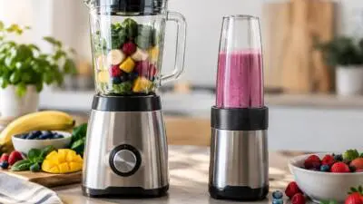 KI-generiertes Bild: Ein Standmixer und ein Smoothie-Maker mit Früchten stehen auf einer Küchenarbeitsplatte.