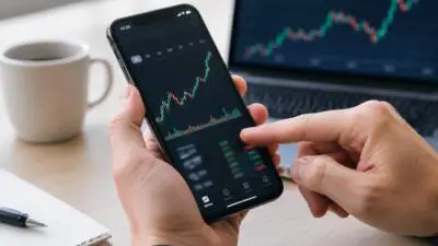 KI-generiertes Bild: Hände bedienen ein Smartphone mit Finanzdiagramm vor einem Laptop mit Kursgrafik.