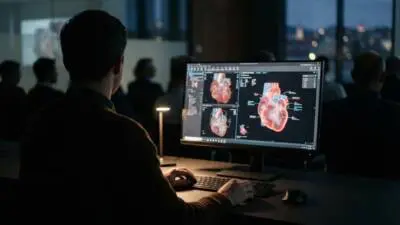KI-generiertes Bild: Eine Person sitzt vor einem Monitor mit digitalen Herzmodellen.