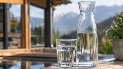 KI-generiertes Bild: Eine Glaskaraffe und ein Wasserglas stehen auf einem Holztisch.
