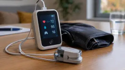 Ein medizinisches Messgerät mit Display, Manschette und Fingersensor liegt auf einem Holztisch.